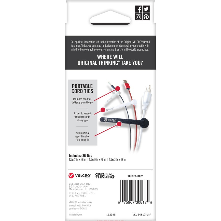 Image of VELCRO® Brand Cord Ties, Portable, Hook/Loop, 36/PK, AST