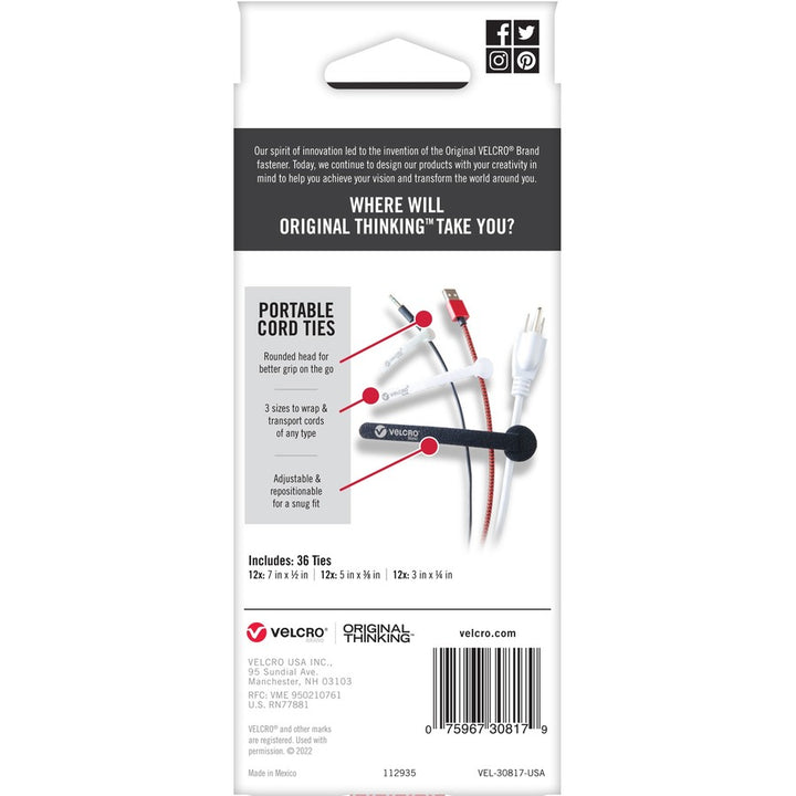 Image of VELCRO® Brand Cord Ties, Portable, Hook/Loop, 36/PK, AST