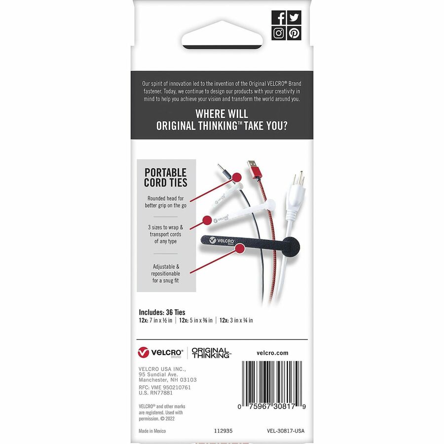 Image of VELCRO® Brand Cord Ties, Portable, Hook/Loop, 36/PK, AST