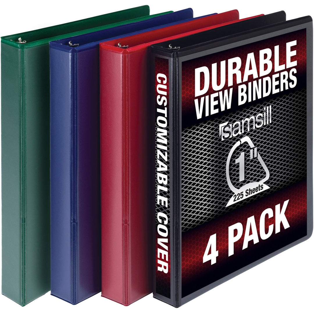 Image of Samsill® Durable D-Ring View Binders, 3 Rings, 1" Capacity, 11 x 8.5, Black/Blue/Green/Red, 4/Pack
