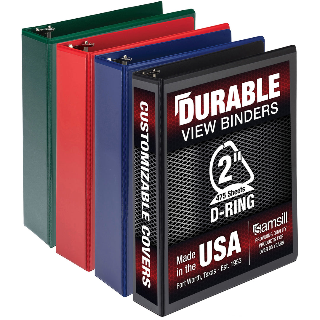 Image of Samsill® Durable D-Ring View Binders, 3 Rings, 2" Capacity, 11 x 8.5, Black/Blue/Green/Red, 4/Pack