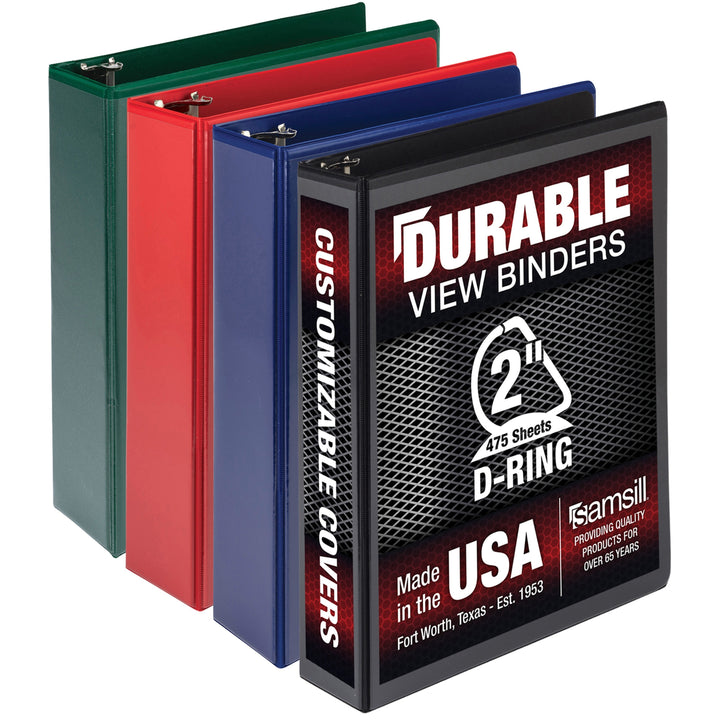 Image of Samsill® Durable D-Ring View Binders, 3 Rings, 2" Capacity, 11 x 8.5, Black/Blue/Green/Red, 4/Pack