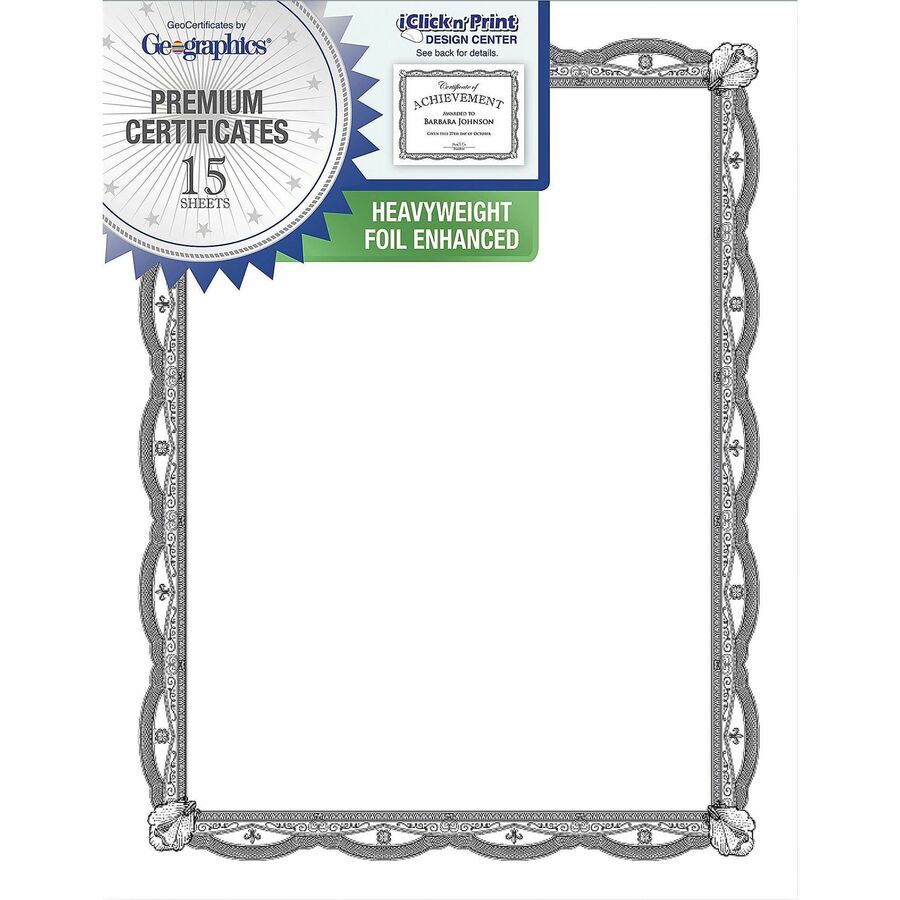 Image of Geographics® Certificate,CardStock,Filigree,SilverFoil,11"x8.5",15/PK,MI