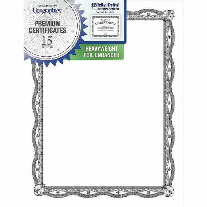 Image of Geographics® Certificate,CardStock,Filigree,SilverFoil,11"x8.5",15/PK,MI