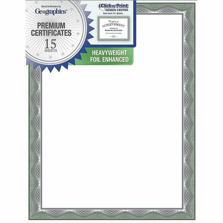 Image of Geographics® Certificate,CardStock,Silver/GreenFoil,11"x8.5",15/PK,MI
