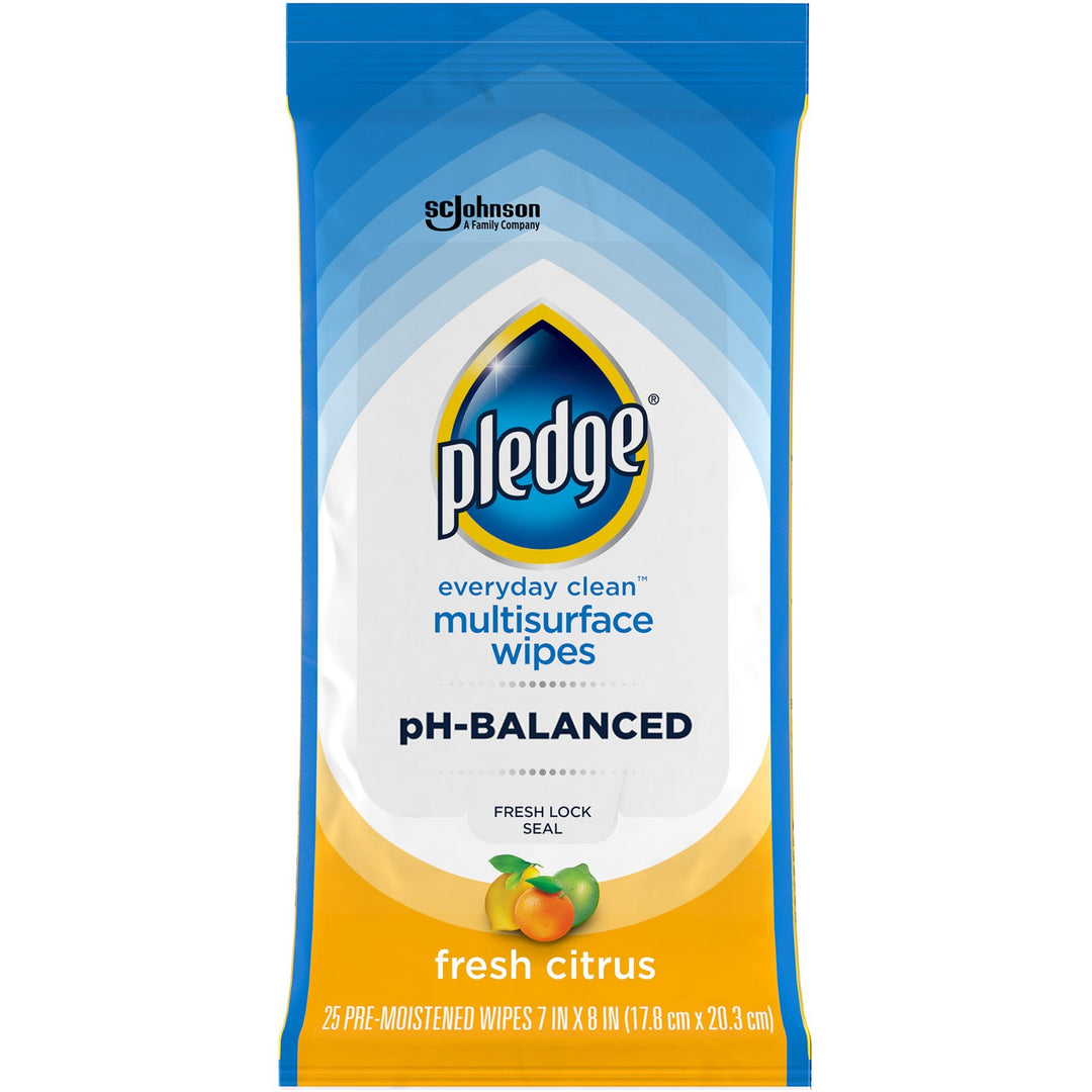 Image of Pledge 336274 pH Balanced Multisurface Wipes, Fresh Citrus Scent, pH Balanced, Streak-free, Residue-free, Blue, 25/Packet, 1 Each