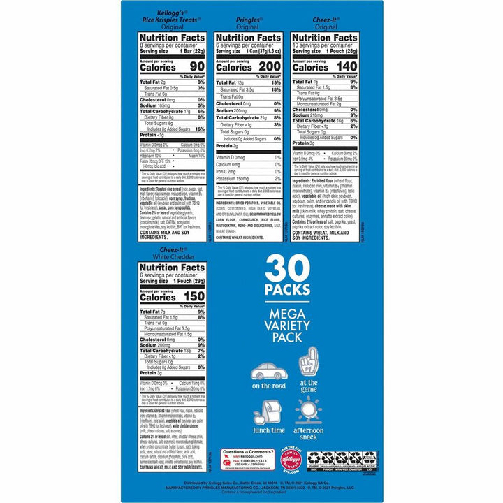 Image of Kellogg's 00149 Snacks Mega Variety Pack, Assorted, 1.88 lb, 30 / Box
