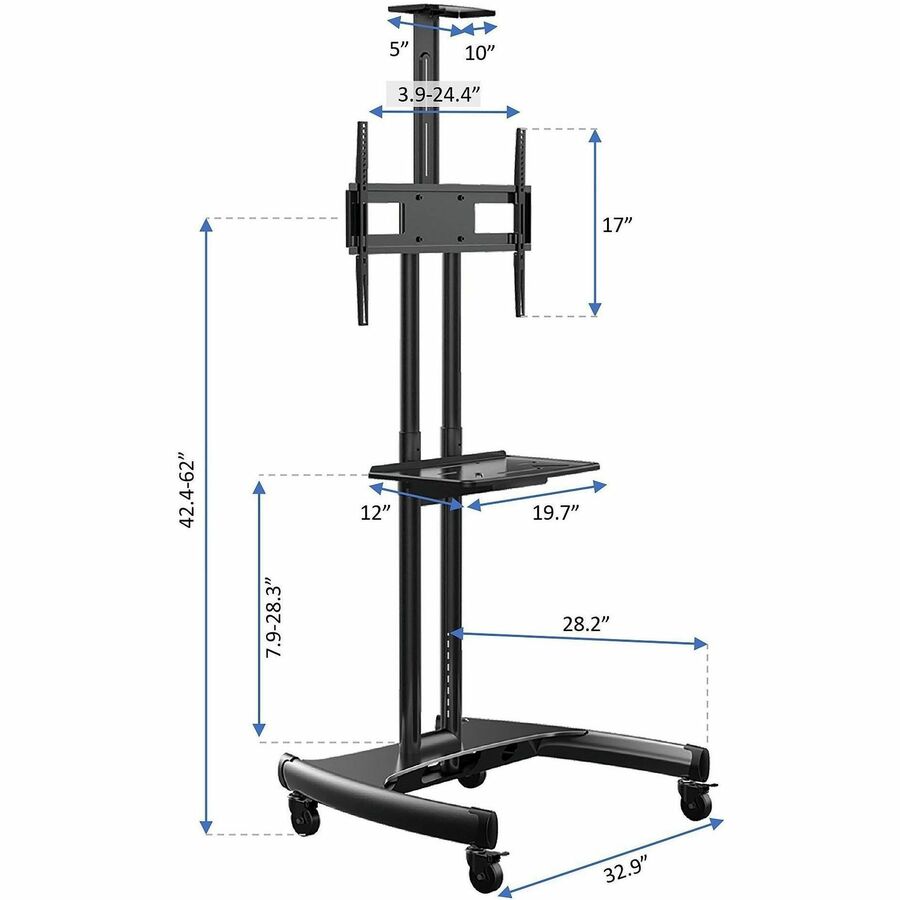 Image of Rocelco TV Cart,2 Shelves,Steel Frame,For 32" to 70" TVs,70"H,BK