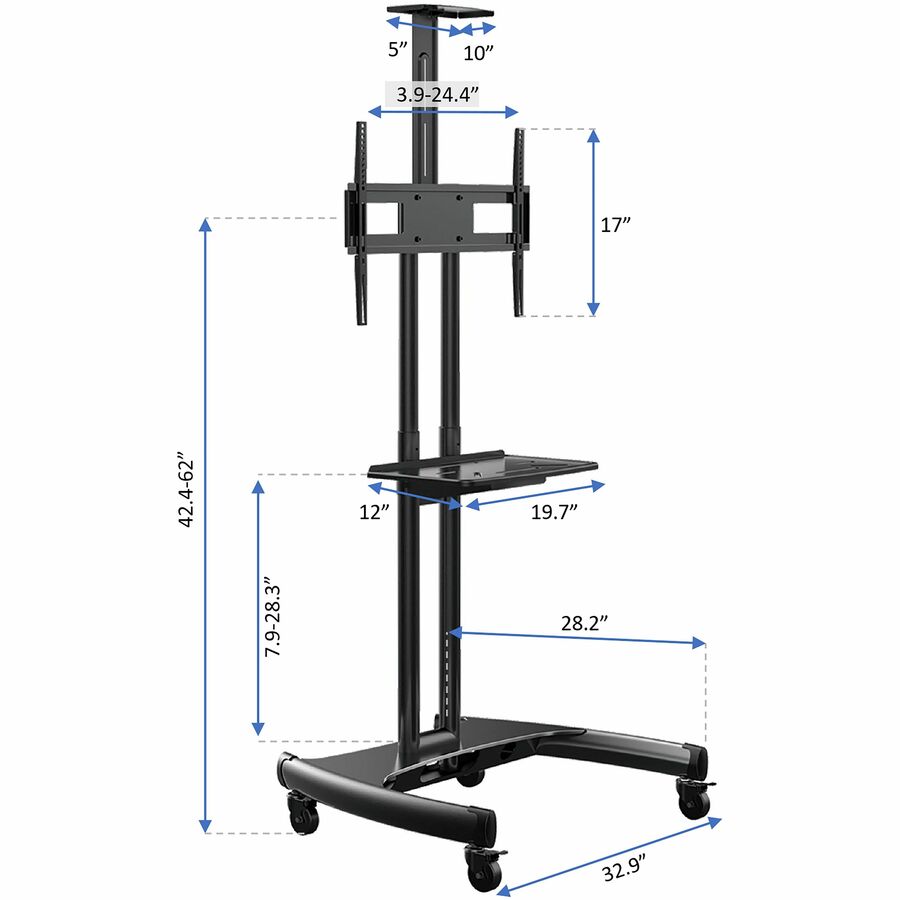 Image of Rocelco TV Cart,2 Shelves,Steel Frame,For 32" to 70" TVs,70"H,BK