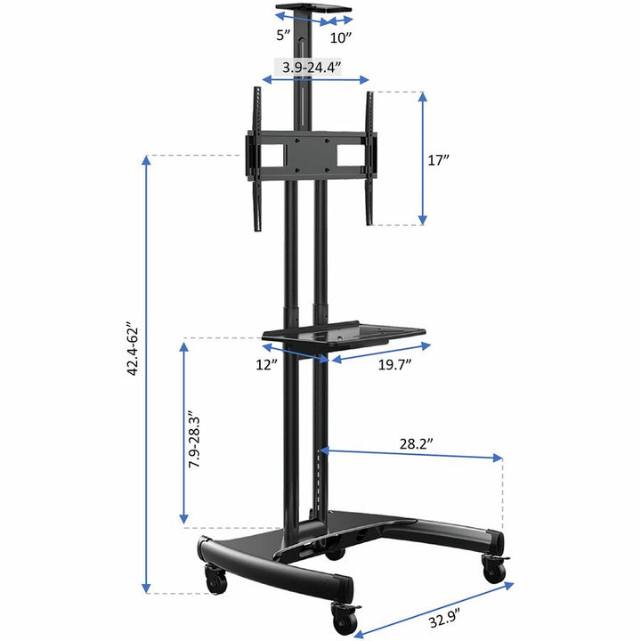 Image of Rocelco TV Cart,2 Shelves,Steel Frame,For 32" to 70" TVs,70"H,BK
