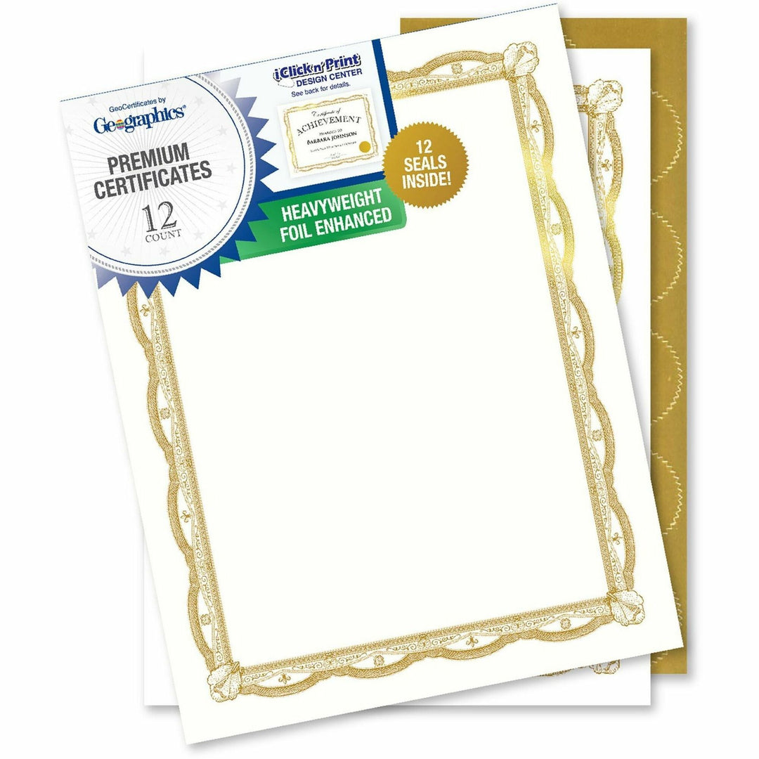 Image of Geographics® Certificate,CardStock,GoldFoil,11"x8.5",12/PK,AST