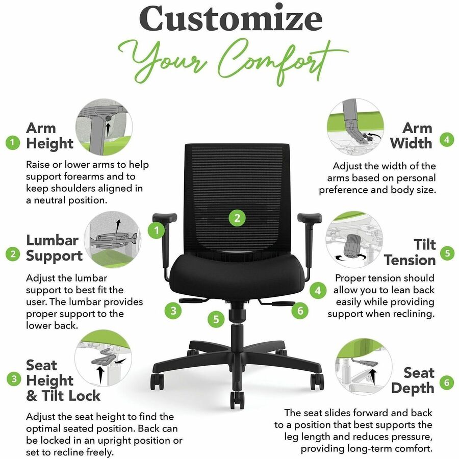 Image of HON® Convergence Mid-Back Task Chair, Swivel-Tilt, Supports 275 lb, 16.5" to 21" Seat Height, Black Seat, Black Back, BlackFrame