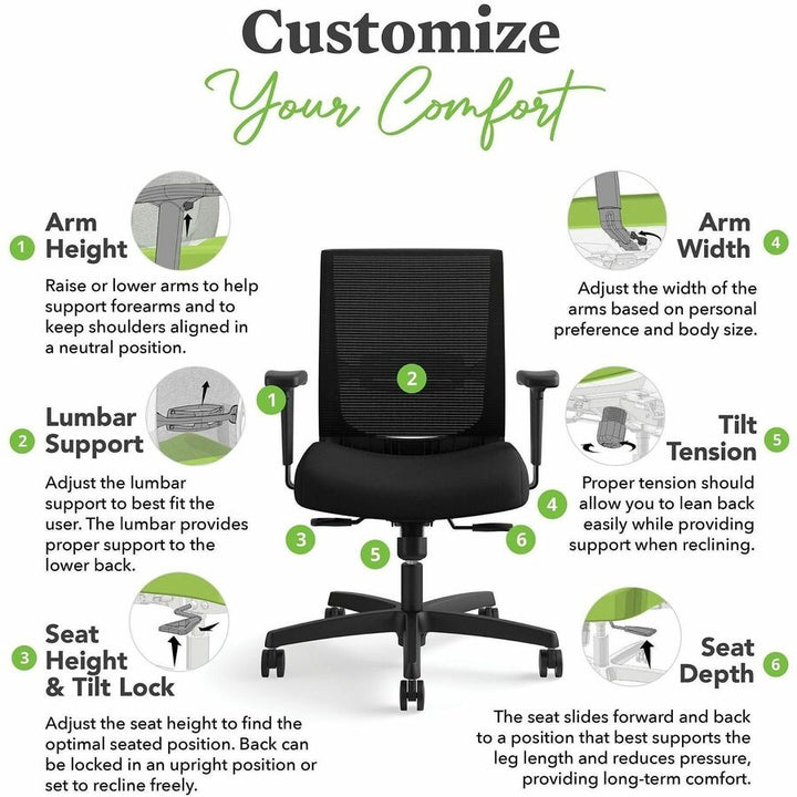Image of HON® Convergence Mid-Back Task Chair, Swivel-Tilt, Supports 275 lb, 16.5" to 21" Seat Height, Black Seat, Black Back, BlackFrame