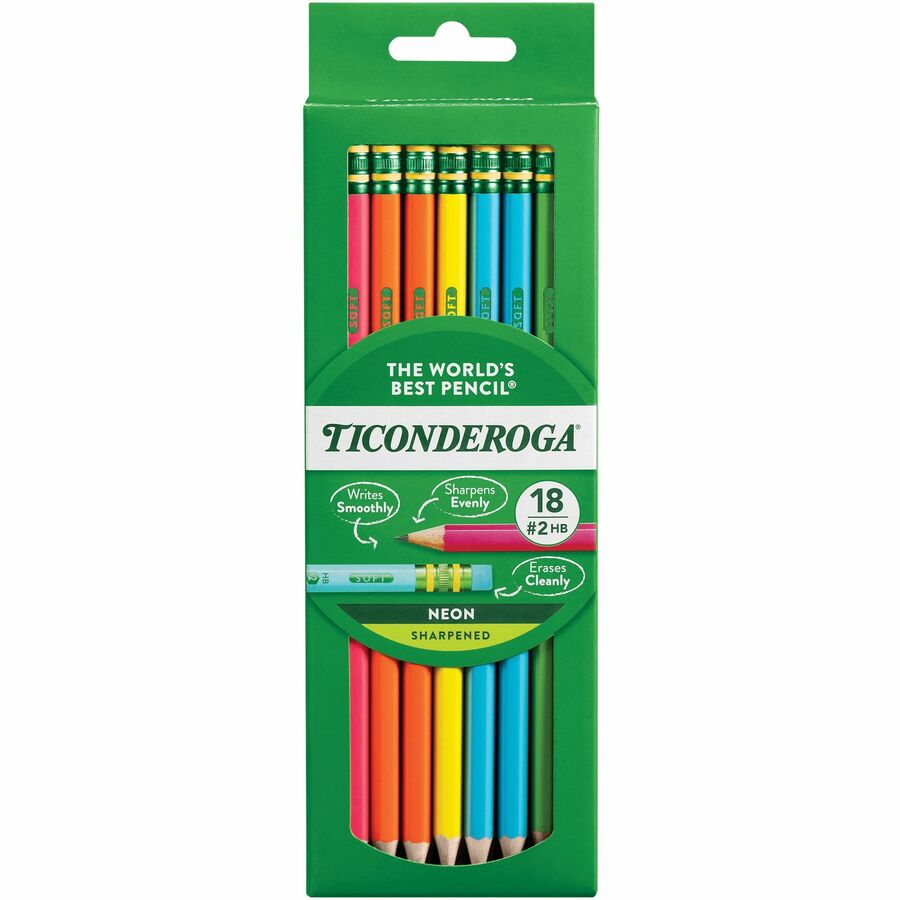 Image of Ticonderoga X13018 Neon Pre-Sharpened No. 2 Pencils, Black, Assorted Neon Lead, #2, Broad Point, Neon Barrel, 18 / Box