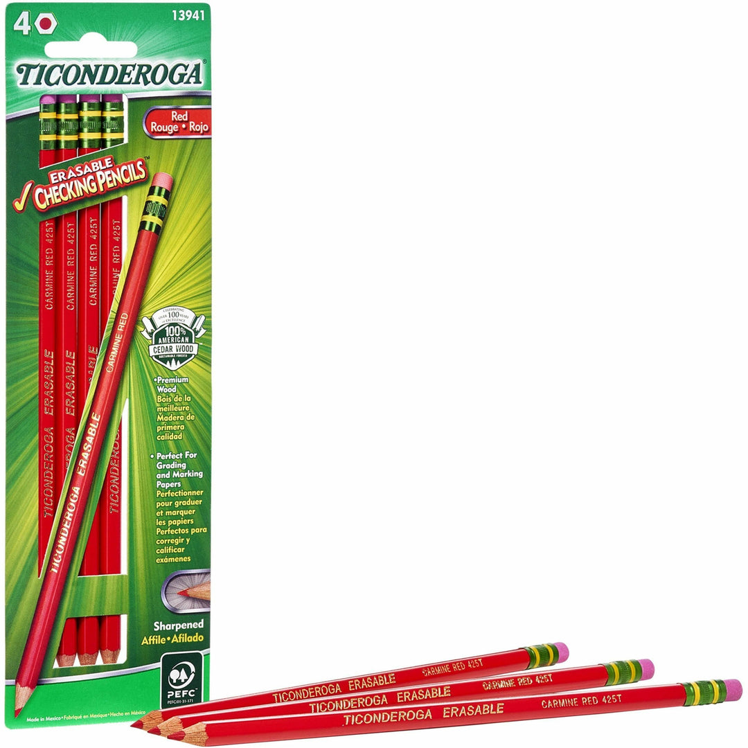 Image of Ticonderoga X13941 Erasable Pre-Sharpened Checking Pencils, Red Lead, Red Barrel, 4 / Pack