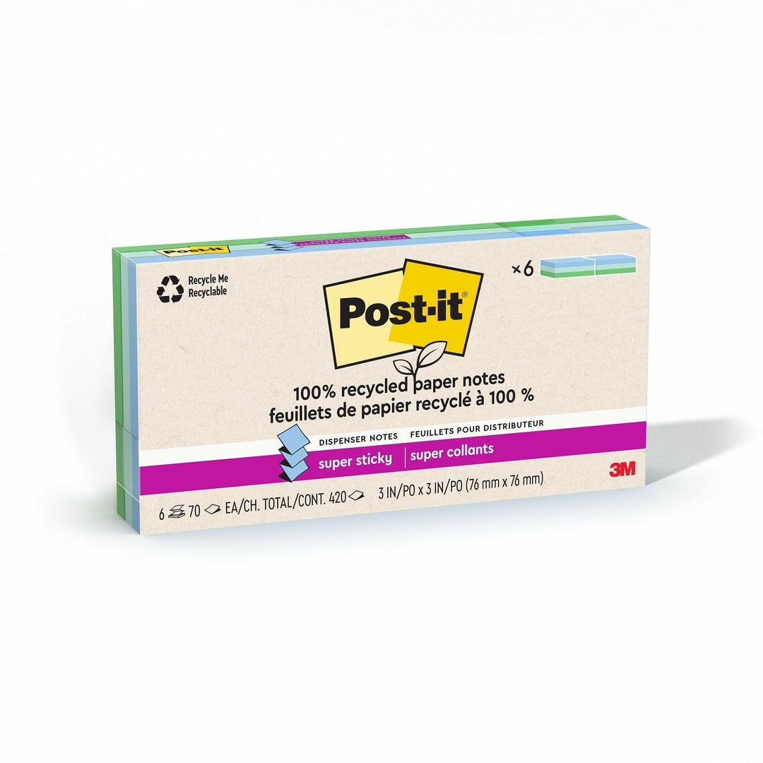 Image of Post-it® Notes Super Sticky 100% Recycled Paper Super Sticky Notes, 3" x 3", Oasis, 70 Sheets/Pad, 6 Pads/Pack