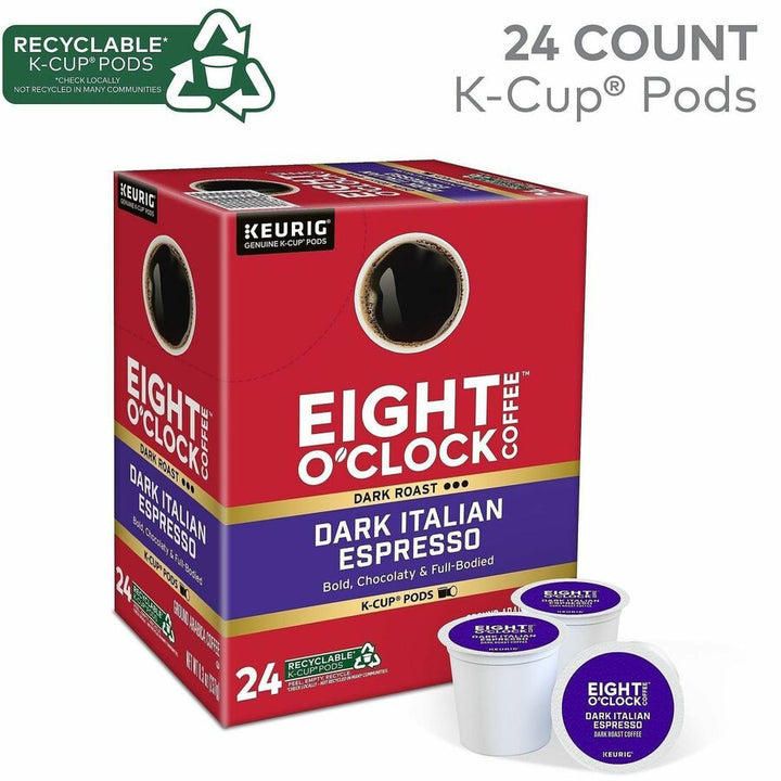 Image of Eight O'Clock® 0631 Dark Italian Espresso Coffee, Compatible with Keurig Brewer, Dark, K-Cup, Italian Roast, Arabica, 24 / Box