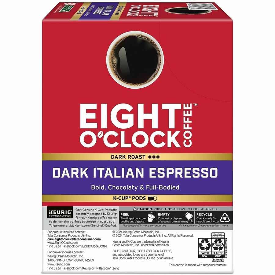 Image of Eight O'Clock® 0631 Dark Italian Espresso Coffee, Compatible with Keurig Brewer, Dark, K-Cup, Italian Roast, Arabica, 24 / Box