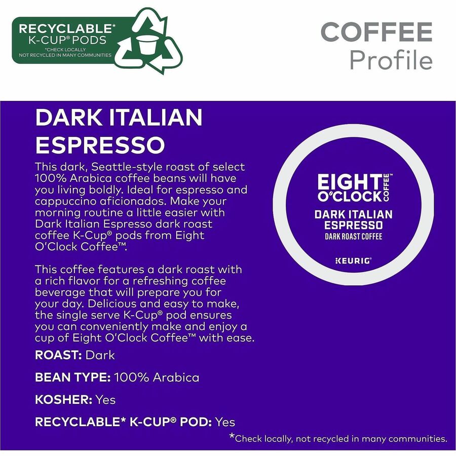 Image of Eight O'Clock® 0631 Dark Italian Espresso Coffee, Compatible with Keurig Brewer, Dark, K-Cup, Italian Roast, Arabica, 24 / Box