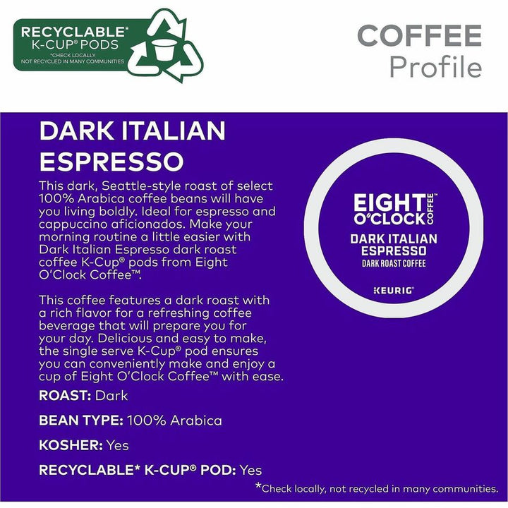 Image of Eight O'Clock® 0631 Dark Italian Espresso Coffee, Compatible with Keurig Brewer, Dark, K-Cup, Italian Roast, Arabica, 24 / Box
