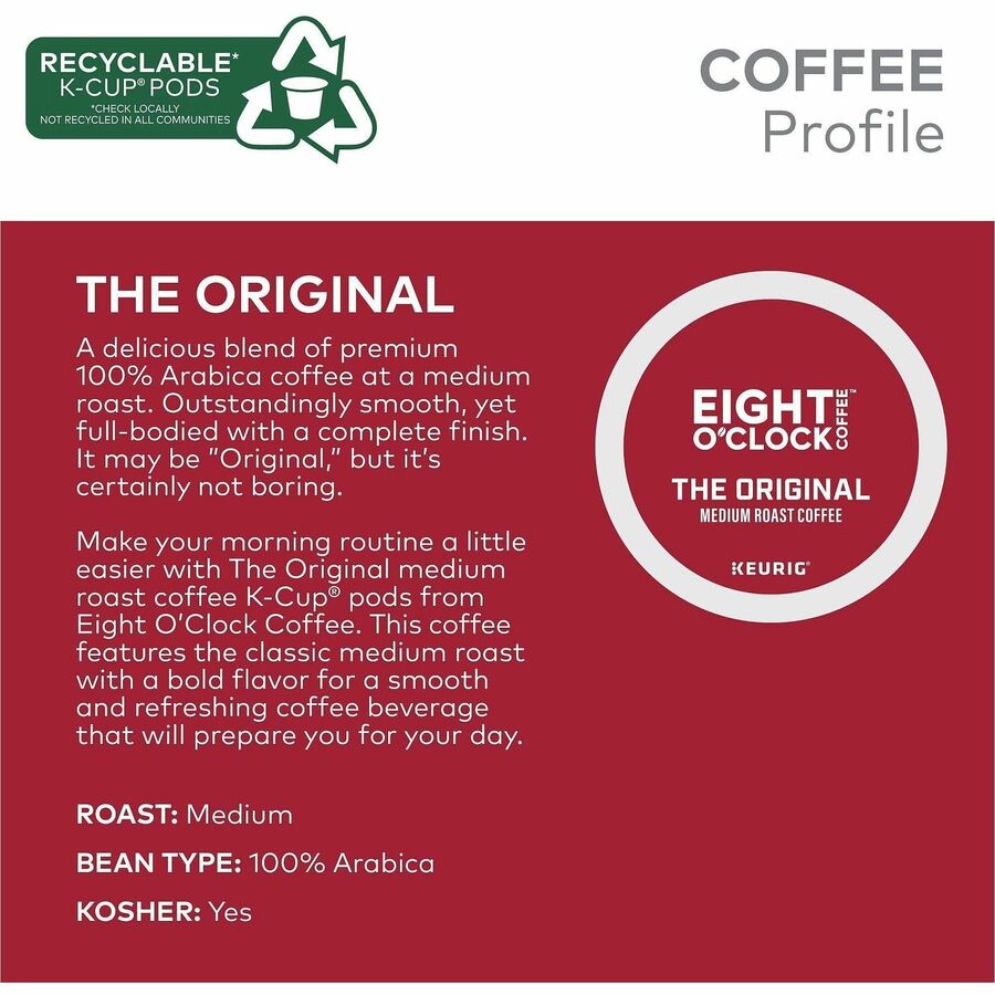 Image of Eight O'Clock® 0657 Original Coffee, Compatible with Keurig Brewer, Medium, K-Cup, Original, Arabica, 24 / Box