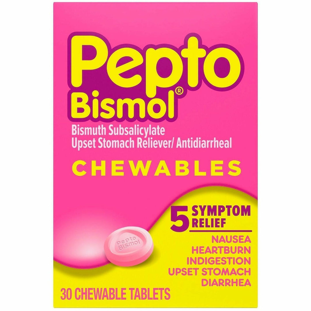 Image of Pepto Bismol 03977 Chewable Tablets Original, For Upset Stomach, Indigestion, Nausea, Heartburn, Diarrhea, Cherry, 30 / Box