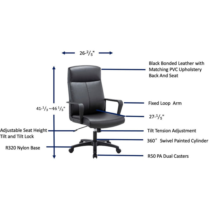 Image of Lorell High-Back Chair,Leather,26-2/5"x27-1/5"x41-1/3"-46-1/2",BK
