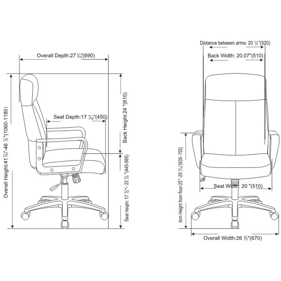 Image of Lorell High-Back Chair,Leather,26-2/5"x27-1/5"x41-1/3"-46-1/2",BK