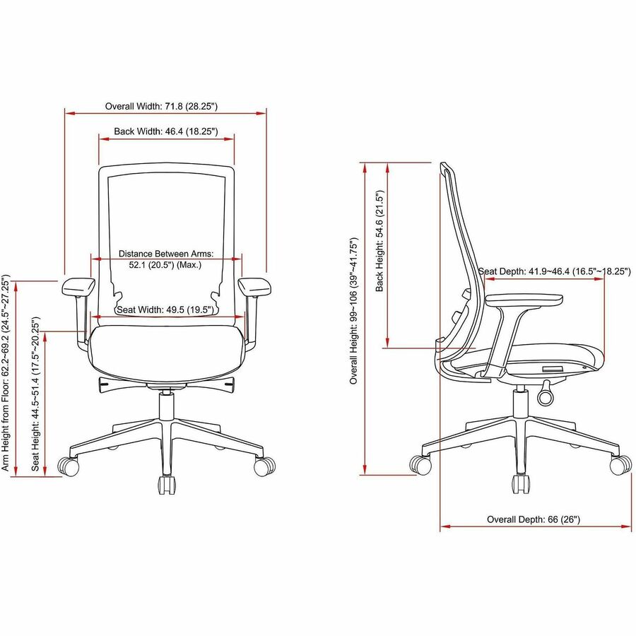 Image of Lorell Mid-back Chair,Mesh,28-1/4"x16-1/2"-18-1/4"x39"-41-3/4",BK