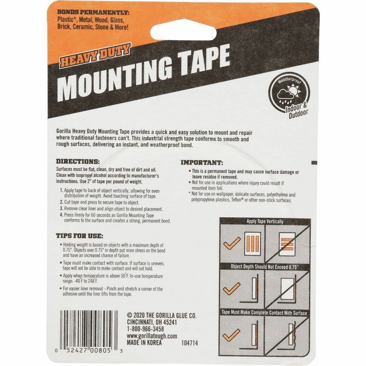 Image of Gorilla 102441 Heavy Duty Mounting Tape, 10 ft Length x 1" Width, Black, 1 Each