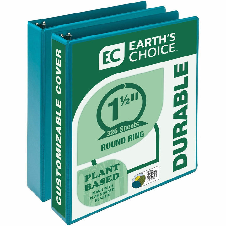 Image of Samsill® Earth's Choice Plant-Based Economy Round Ring View Binders, 3 Rings, 1.5" Capacity, 11 x 8.5, Teal, 2/Pack
