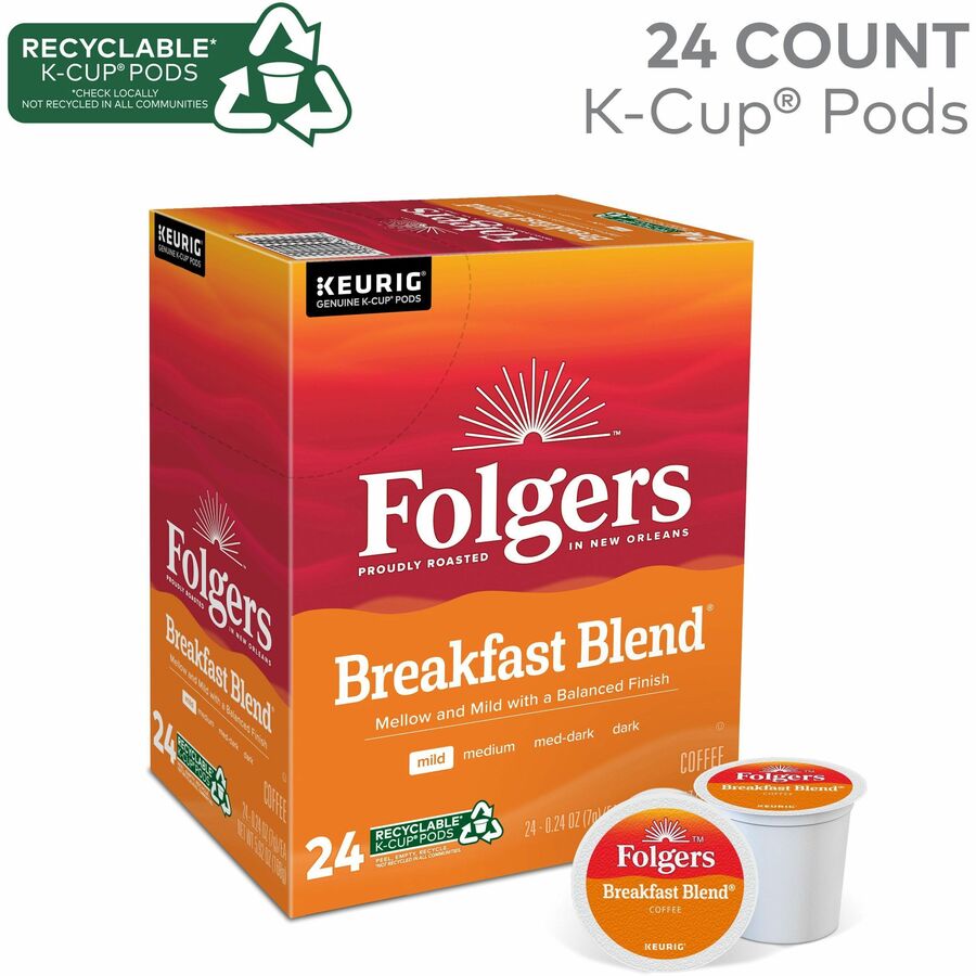 Image of Folgers® 3451 Breakfast Blend Coffee, Compatible with Keurig K-Cup Brewer, Mild, K-Cup, Breakfast Blend, Kosher, 24 / Box