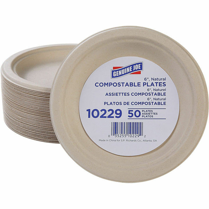 Image of Genuine Joe 10229 6" Compostable Plates, Breakroom, Office, Disposable, 6" Diameter, White, Natural, Sugarcane Body, 50 / Pack