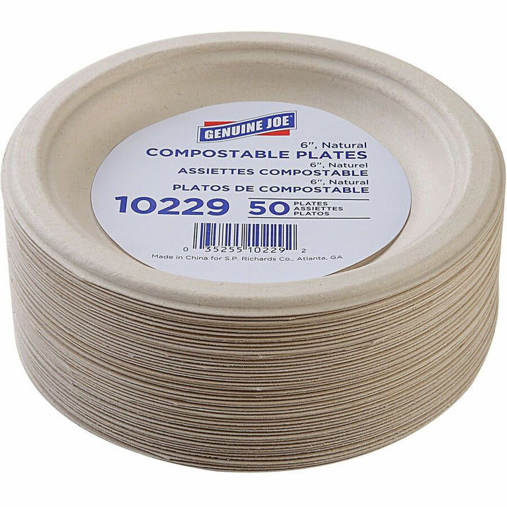 Image of Genuine Joe 10229 6" Compostable Plates, Breakroom, Office, Disposable, 6" Diameter, White, Natural, Sugarcane Body, 50 / Pack
