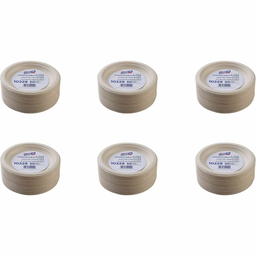 Image of Genuine Joe 10229 6" Compostable Plates, Breakroom, Office, Disposable, 6" Diameter, White, Natural, Sugarcane Body, 50 / Pack
