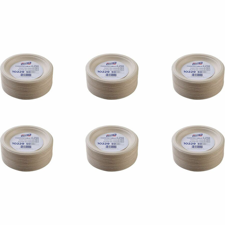 Image of Genuine Joe 10229 6" Compostable Plates, Breakroom, Office, Disposable, 6" Diameter, White, Natural, Sugarcane Body, 50 / Pack