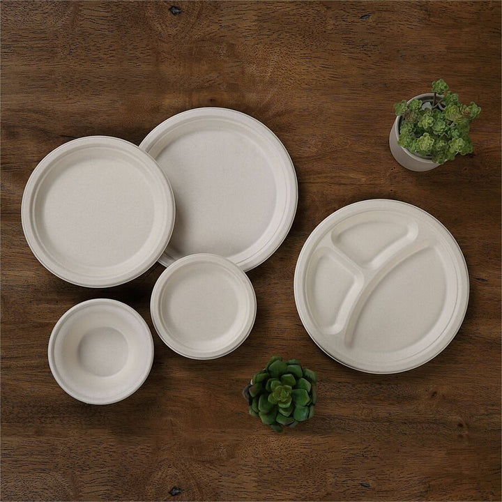 Image of Genuine Joe 10229 6" Compostable Plates, Breakroom, Office, Disposable, 6" Diameter, White, Natural, Sugarcane Body, 50 / Pack