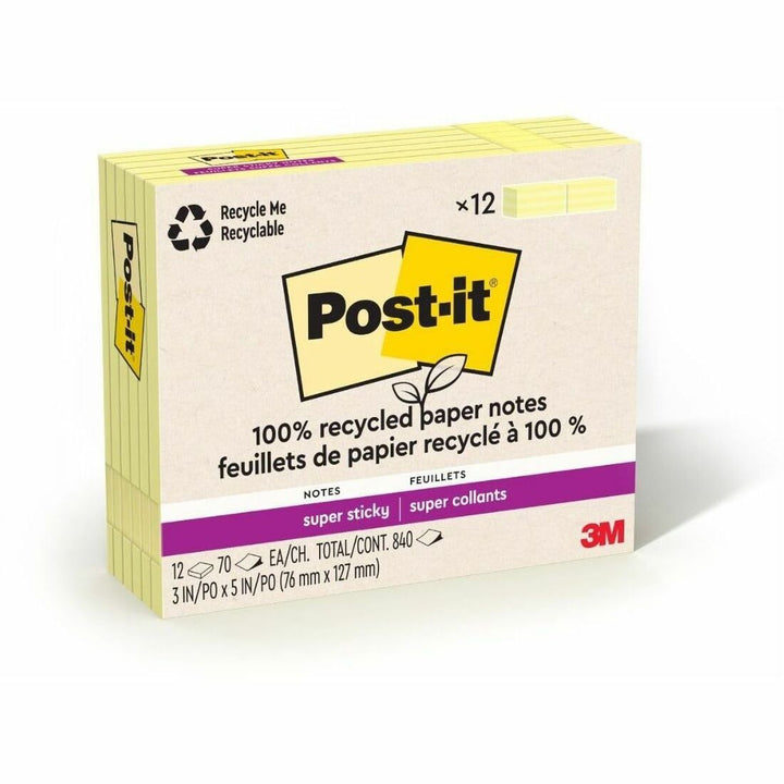 Image of Post-it® Notes Super Sticky 100% Recycled Paper Super Sticky Notes, 3" x 5", Canary Yellow, 70 Sheets/Pad, 12 Pads/Pack