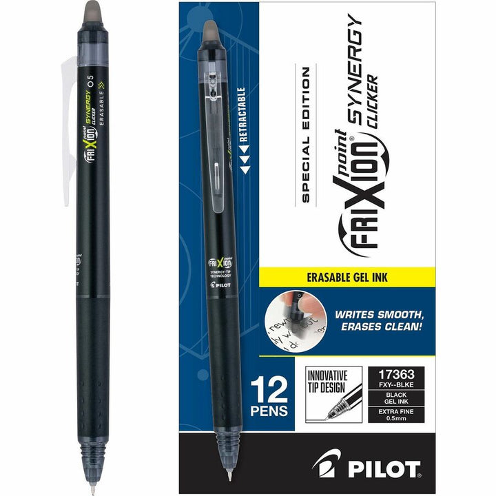 Image of Pilot® FriXion Synergy Clicker Erasable Gel Pen, Retractable, Extra-Fine 0.5 mm, Black Ink, Black/Smoke Barrel, Dozen