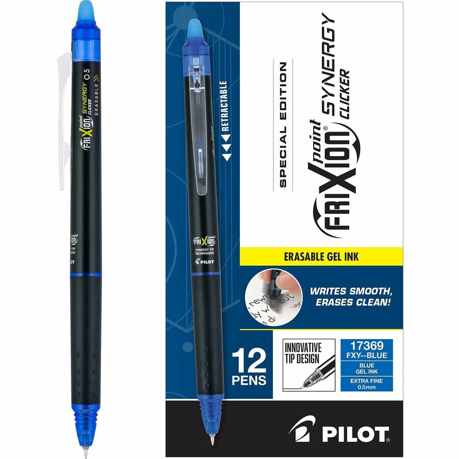 Image of Pilot® FriXion Synergy Clicker Erasable Gel Pen, Retractable, Extra-Fine 0.5 mm, Blue Ink, Black/Blue Barrel, Dozen
