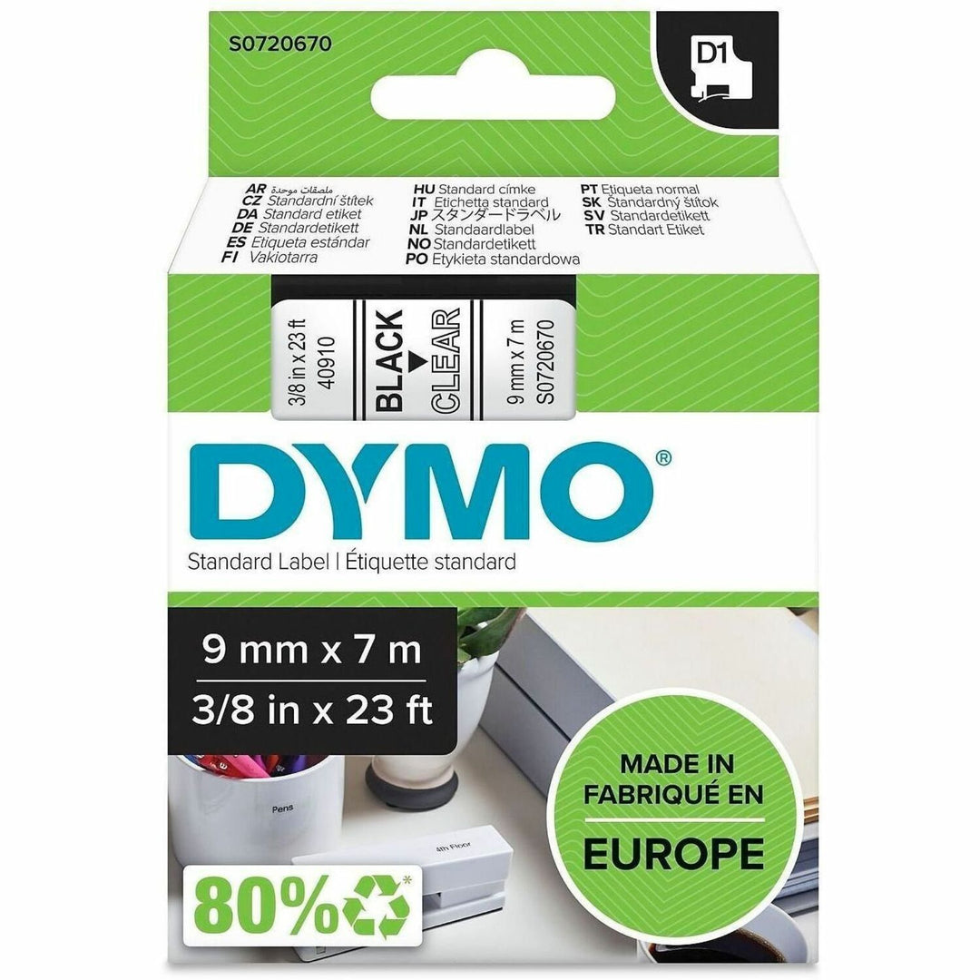 Image of Dymo 40910 D1 Electronic Tape Cartridge, 3/8" W x 23 ft Length, Rectangle, Thermal Transfer, Glossy, Black, Clear, Plastic, 1 Each