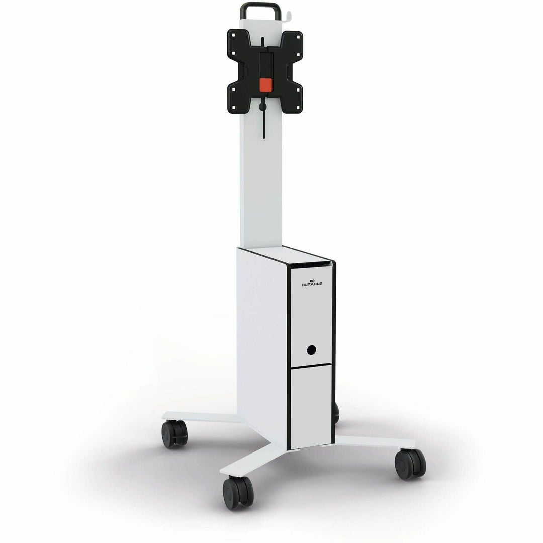 Image of Durable® Mobile TV Cart COWORKSATION, Engineered Wood, 3 Shelves, Supports 40 lb, 22.5" x 22.6" x 50.89", White