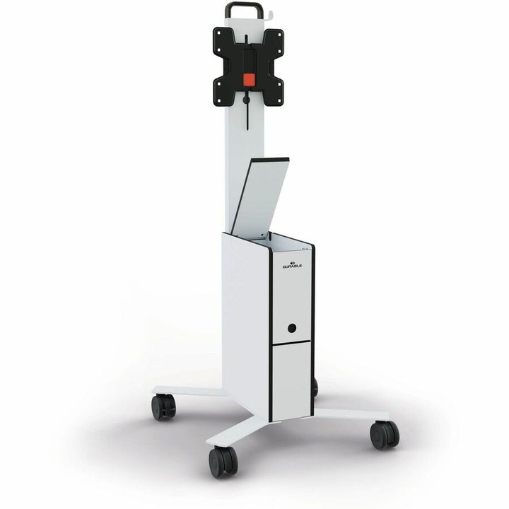 Image of Durable® Mobile TV Cart COWORKSATION, Engineered Wood, 3 Shelves, Supports 40 lb, 22.5" x 22.6" x 50.89", White