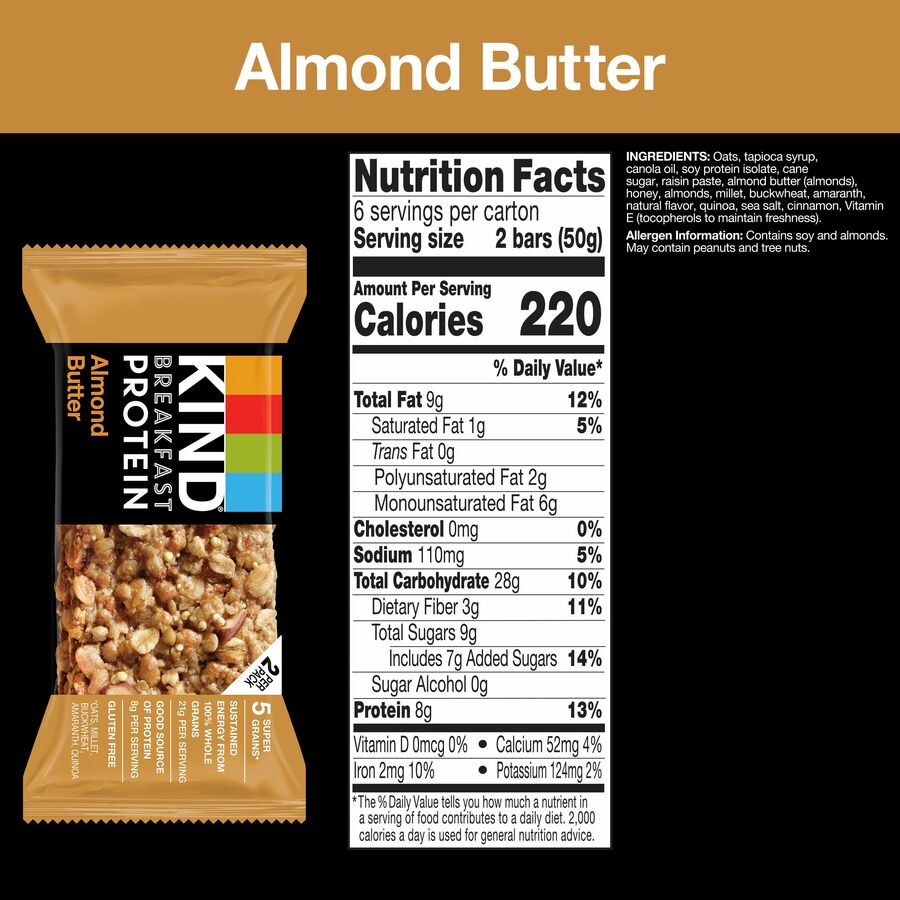 Image of KIND 41935 Breakfast Protein Bars, Gluten-free, Dairy-free, Peanut-free, Low Sodium, Almond Butter, 1.76 oz, 6 / Box