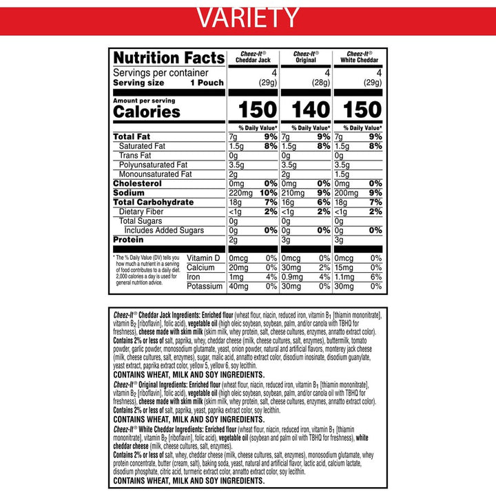 Image of Cheez-It 94027 Variety Pack, Individually Wrapped, Original, White Cheddar, Cheddar Jack Cheese, 12.10 oz, 12 / Box