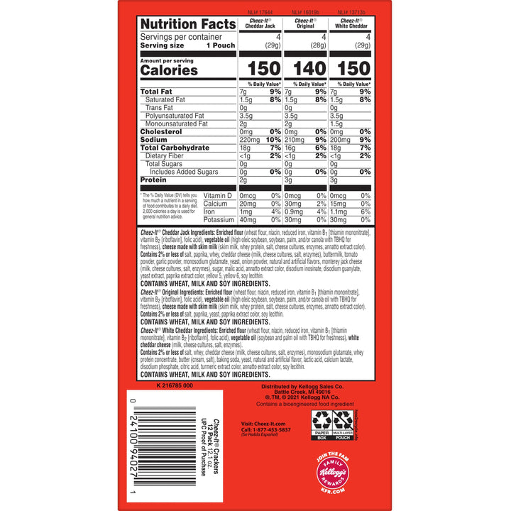 Image of Cheez-It 94027 Variety Pack, Individually Wrapped, Original, White Cheddar, Cheddar Jack Cheese, 12.10 oz, 12 / Box