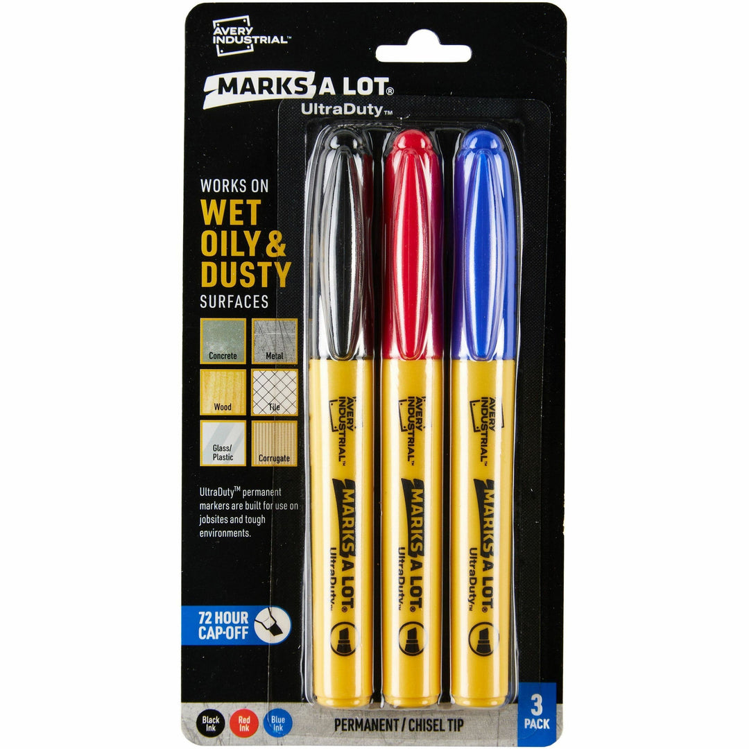 Image of Avery® Marks A Lot UltraDuty Markers, Chisel Tip, 3 Assorted Markers (29864), Black, Red, Blue Ink, Polyester Tip, 3 / Pack