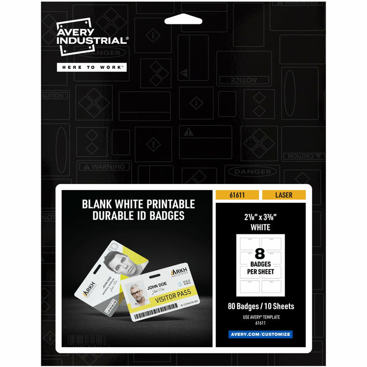 Image of Avery® ID Badge,w/Clip Hole,Poly,Wide,11 mil,3.375"x2.125",80/PK,WE