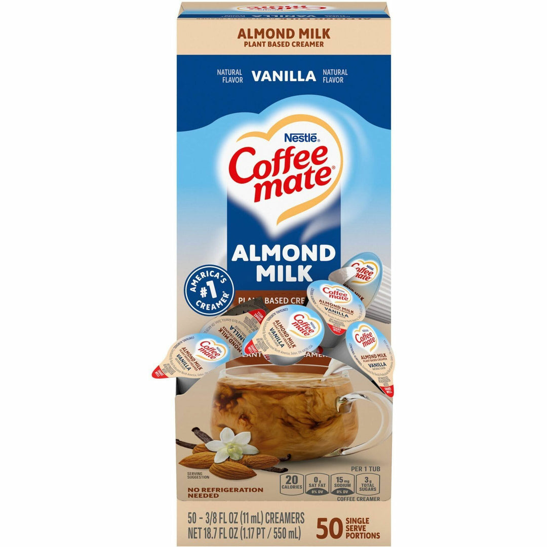 Image of Coffee mate 42258 Almond Milk Vanilla Plant-Based Liquid Creamer Singles, Natural Vanilla Almond Milk Flavor, 0.38 fl oz (11 mL)Tub, 50 / Box