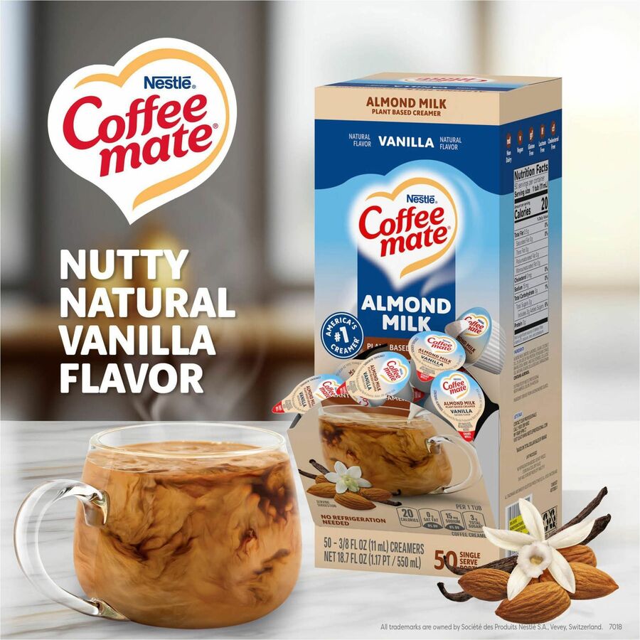 Image of Coffee mate 42258 Almond Milk Vanilla Plant-Based Liquid Creamer Singles, Natural Vanilla Almond Milk Flavor, 0.38 fl oz (11 mL)Tub, 50 / Box